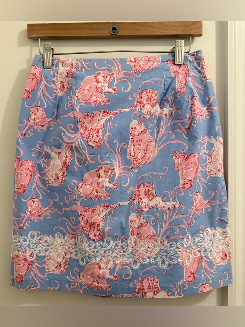 Blue Mini Skirt with Pink Animal Print and Lace Trim
